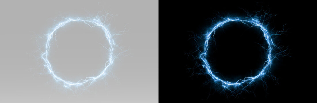 Lightning energy ring with glowing blue electricity, bright electric circle, plasma bolts, powerful sparks, electrical arcs and portal effect