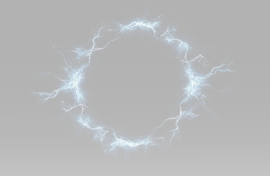 Bright electric ring with blue lightning arcs, glowing energy circle, plasma sparks, electrical discharge, power frame and luminous portal effect
