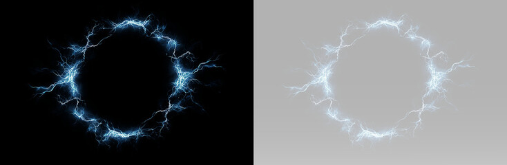 Naklejka premium Electric energy circle with blue lightning bolts, glowing plasma ring, bright electrical arcs, sparks, power frame and futuristic portal effect