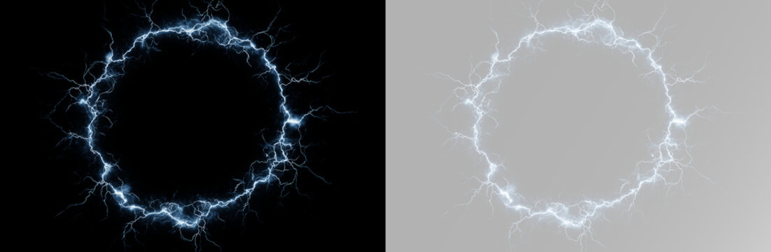 Electric energy circle with blue lightning bolts, glowing plasma ring, bright electrical arcs, sparks, power frame and futuristic portal effect