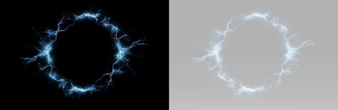 Electric energy circle with blue lightning bolts, glowing plasma ring, bright electrical arcs, sparks, power frame and futuristic portal effect