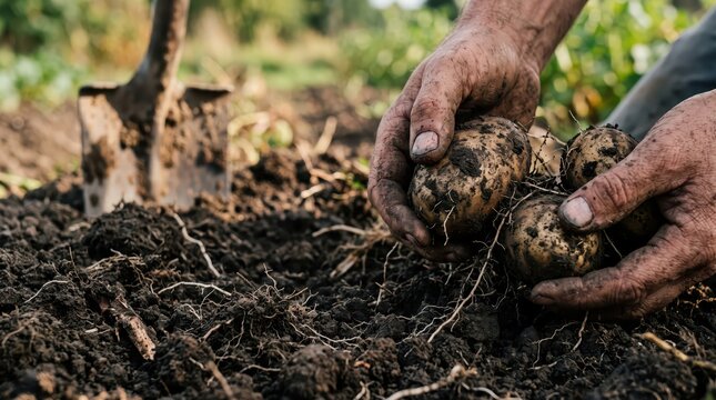 Dirty hands harvesting potatoes from soil with shovel in garden, close-up of tubers, roots and earth showing manual farm to table work. emphasis on tactile agricultural labor and fresh produce.