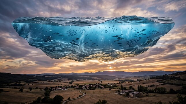 Surreal Floating Ocean Island Over Rural Landscape at Sunset