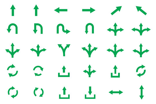 Directional arrow icons set featuring up, left, right turns, U-turn symbols, and navigation pointers in bold black vector style