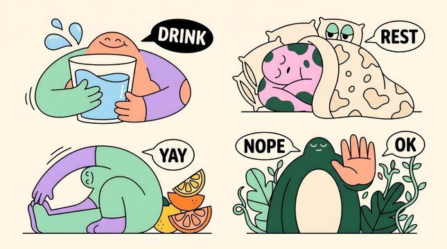 Illustrated characters showing reactions to drink, rest, food, and refusal
