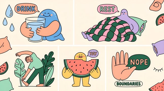 Illustrated characters demonstrating hydration, rest, boundaries, and healthy habits
