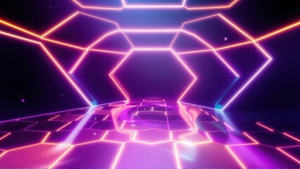 Fototapeta premium Neon grid tunnel. Bright lines form hexagonal shapes. Dark background creates futuristic vibe. Glowing floor extends into distance.