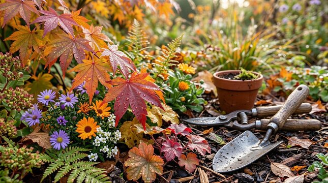 Autumn garden close-up with wet Japanese maple leaves and gardening tools