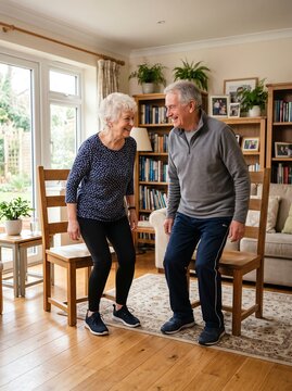 Happy Senior Couple Doing Chair Squat Exercises at Home