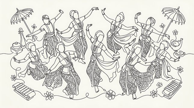 Traditional indonesian folk dancers performing in continuous line art