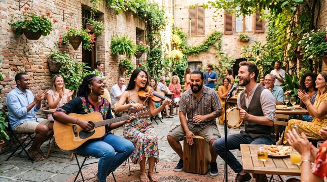 Multicultural group performing live music together in intimate courtyard gathering with guitars, violin and percussion, communal celebration and joyful audience