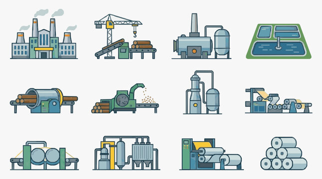 Corporate Set of Industrial Manufacturing and Paper Production Machinery with Logos Factories and Equipment