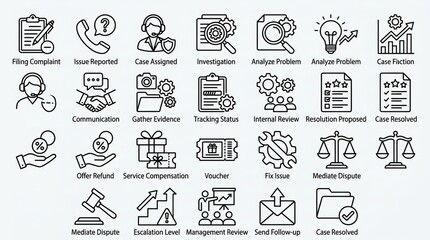 Fototapeta premium Collection of black and white hand-drawn icons representing various business and lifestyle concepts.
