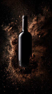 A dark moody wine advertisement style still life with a bottle suspended in midair above a splash of deep red liquid frozen against a black dramatic background