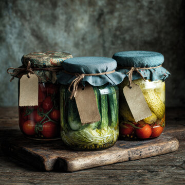 A minimalist composition of three glass jars filled with homemade preserves standing in a row on a pale surface where soft directional light passes through the amber contents and casts long shadows