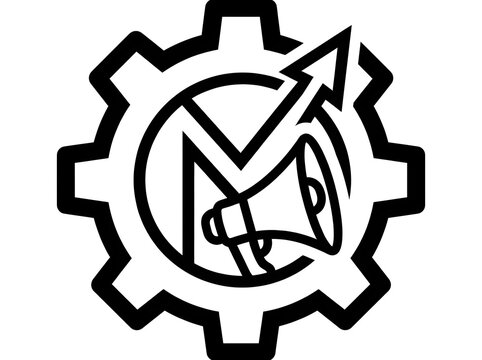 Marketing icon with gear and megaphone black vector illustration for business and communication concepts.