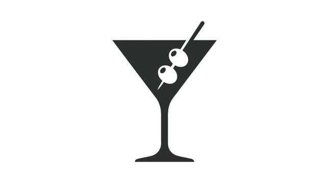 Minimalist black cocktail glass icon featuring two olives on a toothpick in a simple style