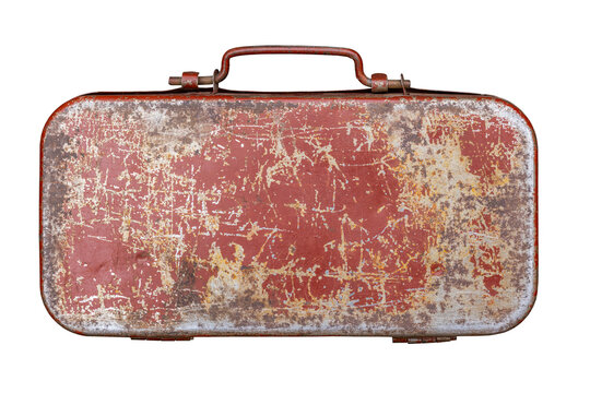 Vintage Red Metal Case with Worn Handle and Rust
