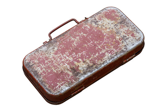 Worn Vintage Metal Box with Handle on White Background