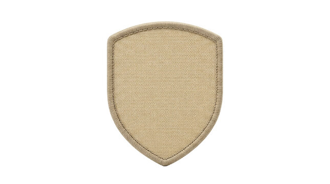 Vintage beige fabric shield patch, embroidered crest applique with stitched border, textile badge for uniforms and branding isolated on Transparent Background