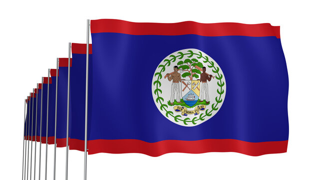 Multiple Belize Transparent Flags Waving on Blue Sky Background