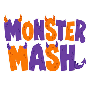 Playful Halloween monster mash typography illustration, cute purple and orange letter art, kids party poster design isolated PNG with Transparent Background