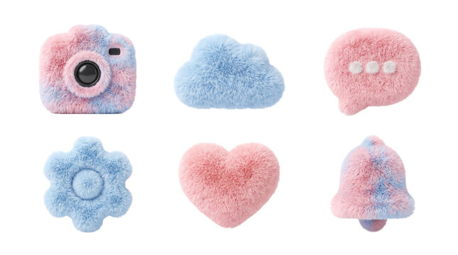 Fluffy Pink and Blue Furry Icons Set with Camera Cloud Chat Gear Heart and Notification Bell.