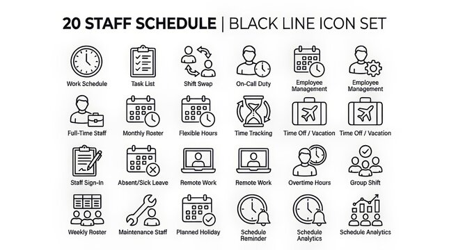 Collection of Twenty Black Line Icons for Work Staff Scheduling and Planning.