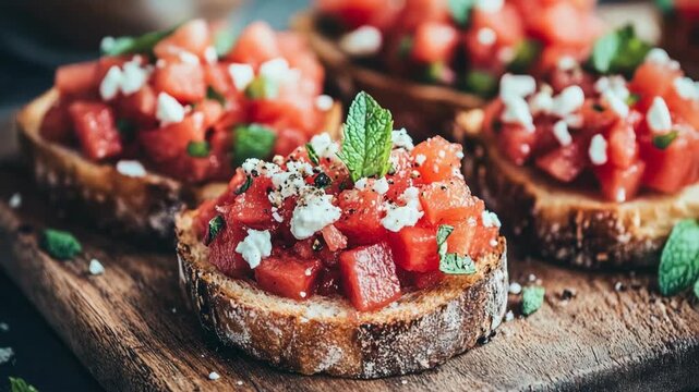 selective focus summer bruschetta juicy watermelon feta cheese herb garnish crispy bread