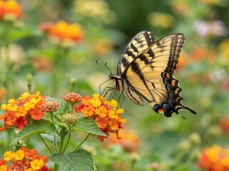 Fototapeta premium A detailed side-view close-up of a yellow and black swallowtail butterfly feeding on a cluster of orange and yellow lantana flowers in a garden setting with a soft green bokeh background.