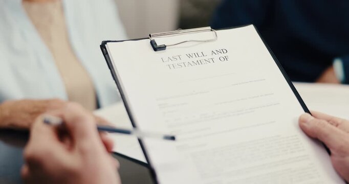 Hands, lawyer and couple at house with clipboard, legal application and beneficiary of last will. Attorney, reading or people in lounge with contract policy, testament notary and inheritance planning