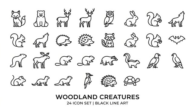 Hand-drawn black and white woodland creatures collection on transparent background for Adobe Stock vector illustration assets.
