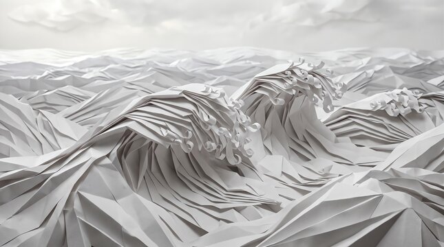 Abstract Origami Paper Waves in Minimalist White Landscape