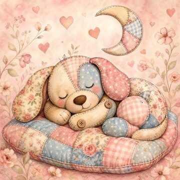 Sleeping Patchwork Plush Puppy on Cloud