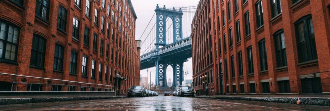 A wet street between red brick buildings leads to a view of a large steel suspension bridge under an overcast sky.