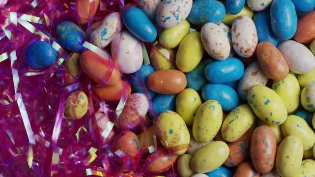 Colorful speckled easter eggs mixed with pink shiny tinsel