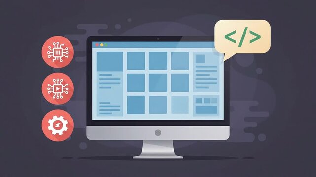 Modern web development and UI/UX design illustration featuring a desktop computer with code symbol and technical processing icons on a dark background.