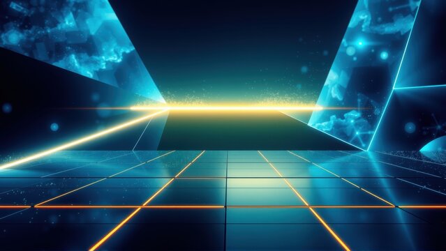 Futuristic grid landscape. Bright neon lines converge toward distant horizon. Dark blue tones dominate, creating digital atmosphere.