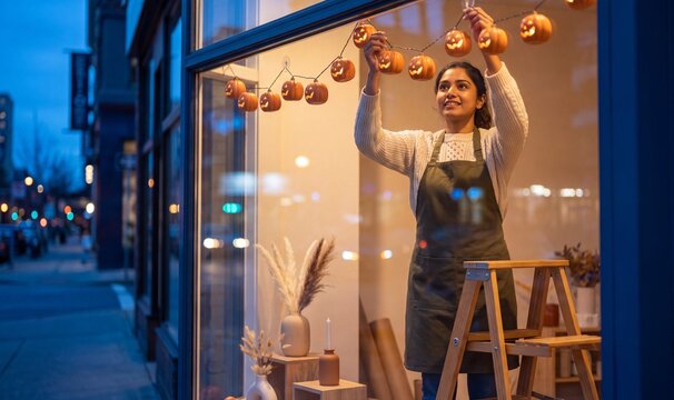 Indian woman shop owner hanging pumpkin light decoration in window display. Retail store preparation for Halloween. Festive mood and small business holiday marketing concept