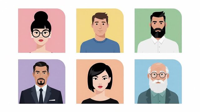 Minimalist social media post template with grid of 6 frames, speech bubble, and female character avatar in pastel colors for blog or profile.