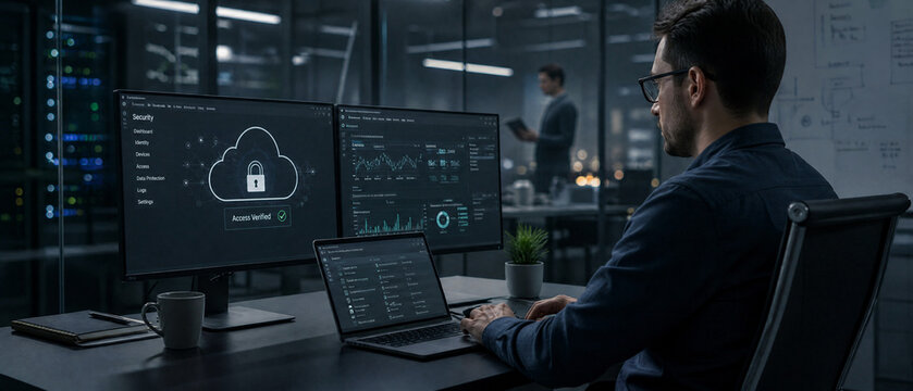 Cybersecurity analyst computer screen cloud security data center office workstation supports network monitoring and secure digital infrastructure during focused work session