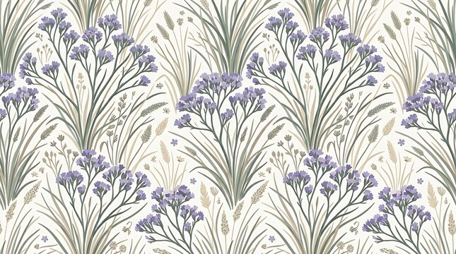 Seamless pattern of purple wildflowers and field grasses