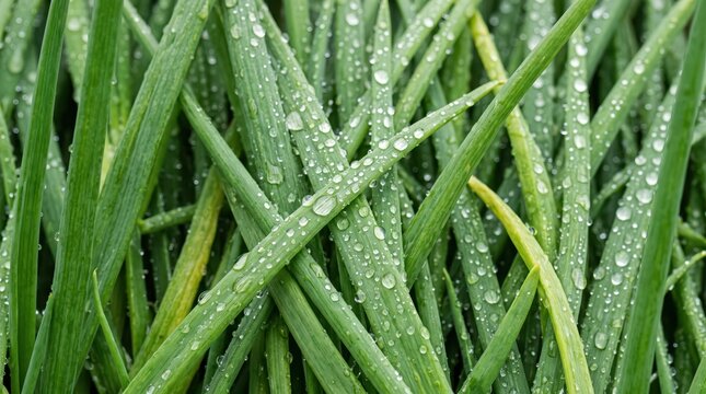 Close up of wet grass blades with raindrops and dewy droplets showcasing vibrant green foliage detail in morning garden scene conveying freshness and moisture