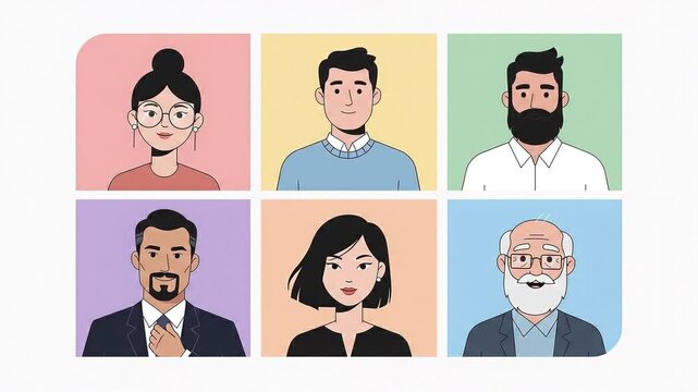 Flat Vector Illustration of Diverse People Avatars Set in a Grid Layout, Including Business Professionals and Senior Men with Colorful Backgrounds.