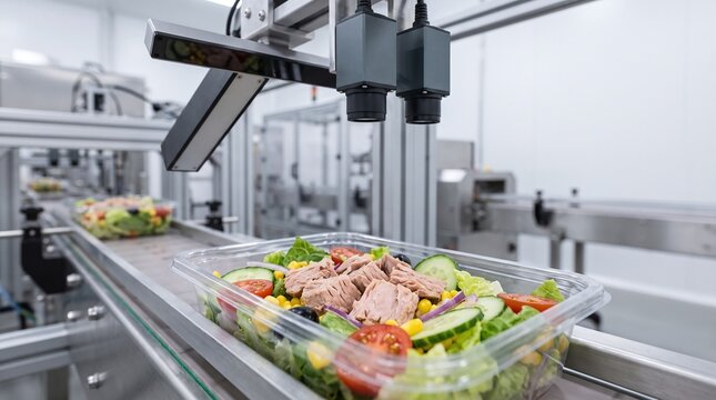 Pre packaged tuna salad with vegetables moving on an automated food production line