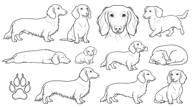 Dachshund dog line art collection, long-haired wiener dog sketches, 11 sausage dog illustrations for coloring and design