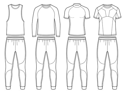 Men's activewear compression set flat sketch vector illustration, including tank top, sport shirt and legging technical cad drawing template