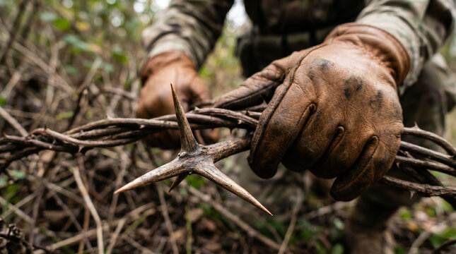 Roman soldiers brutally weaving a crown from sharp, massive thorns to place on Jesus's head