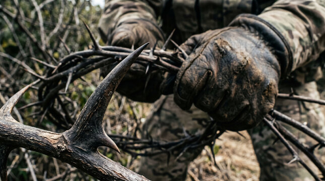 Roman soldiers brutally weaving a crown from sharp, massive thorns to place on Jesus's head