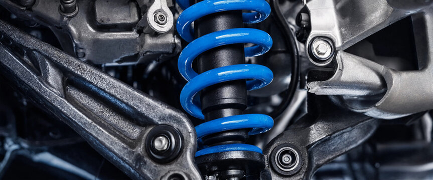 Blue coilover suspension spring detail on a modern vehicle chassis for automotive repair.